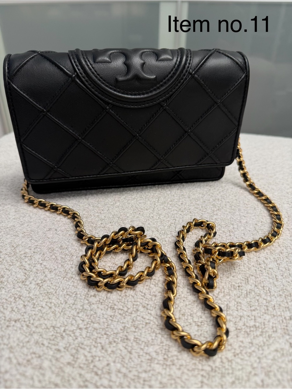Tory Burch Black Quilted Leather Crossbody wallet bag with Gold Chain